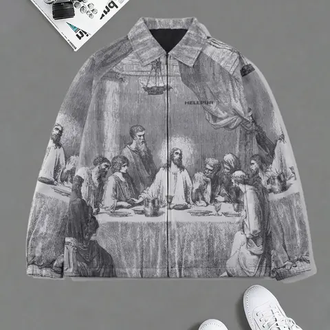 Men's Fitted Turn-Down Collar Long-Sleeve Woven All-Over Printed Outerwear Coat - Pull-On Vintage Bold B&W Colorblock Casual Menswear Top, Retro Daily Wear, Father's Day Gift, XL Vintage Clothing