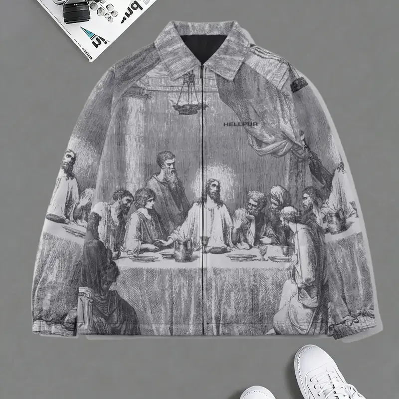 Men's Fitted Turn-Down Collar Long-Sleeve Woven All-Over Printed Outerwear Coat - Pull-On Vintage Bold B&W Colorblock Casual Menswear Top, Retro Daily Wear, Father's Day Gift, XL Vintage Clothing
