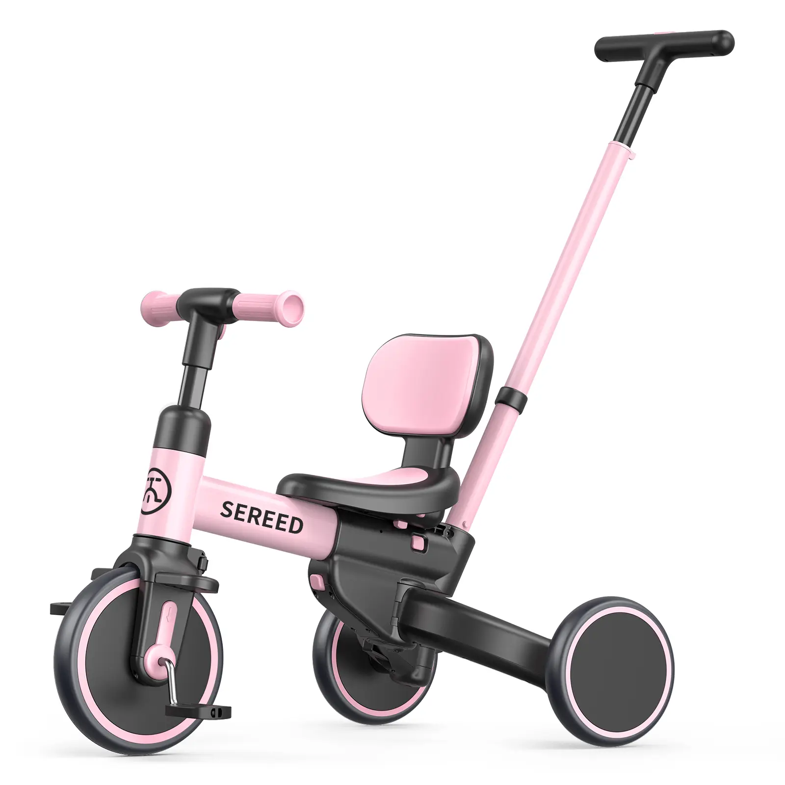 SEREED 5-in-1 Toddler 3-Wheel Bike - 1-4 Year Old Kids Outdoor Play Trike with Detachable Parent Steering Push Handle, Adjustable Handle, Backrest, Removable Pedals, 3-4 Years Birthday Gift Toy