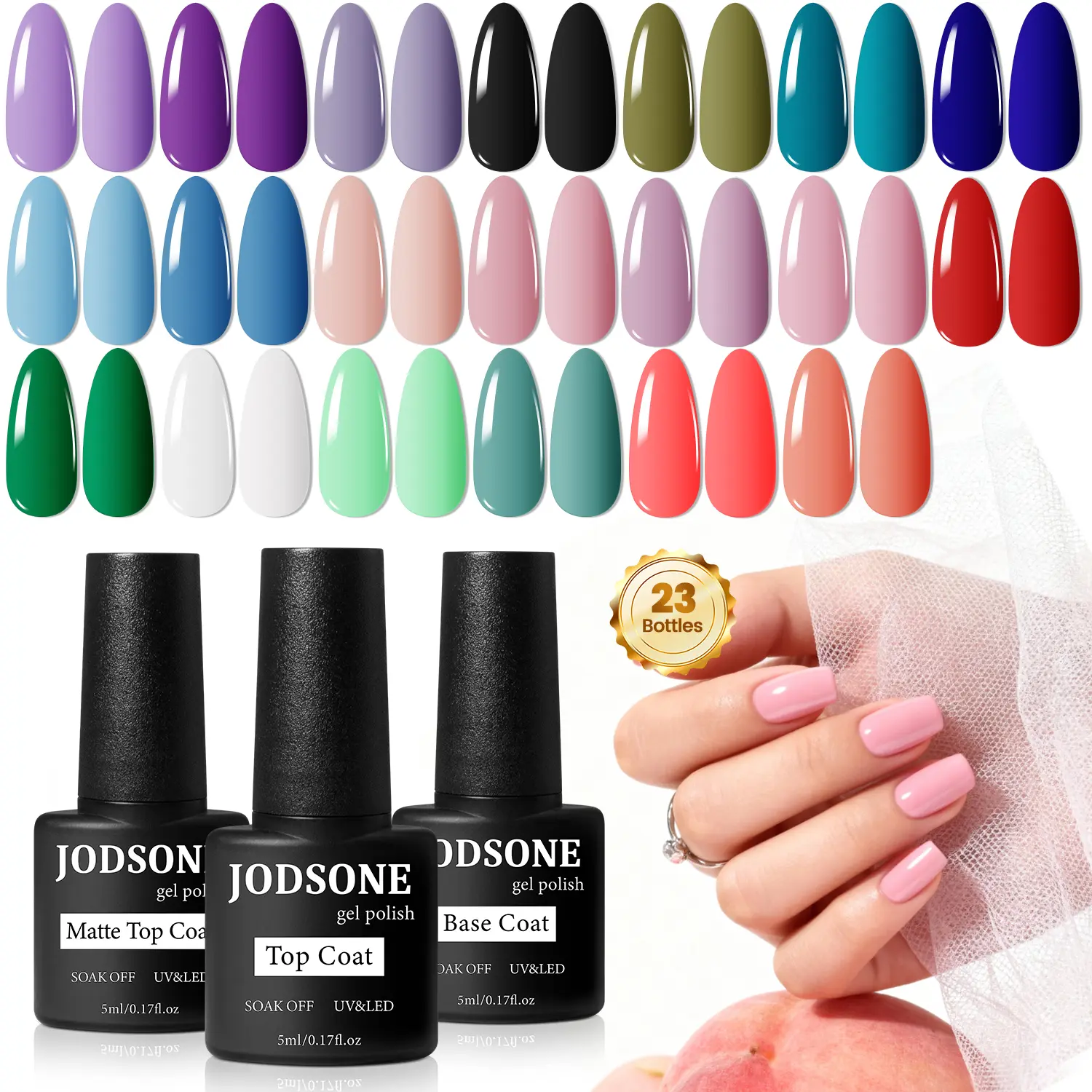 JODSONE 23 PCS Gel Nail Polish Set with Base Glossy and Matte Top Coat Multicolored Long Lasting Suitable for All Seasons JODSONE 23 PCS Gel Nail Polish Set with Base Glossy and Matte Top Coat Multicolored Long Lasting Suitable for All Seasons