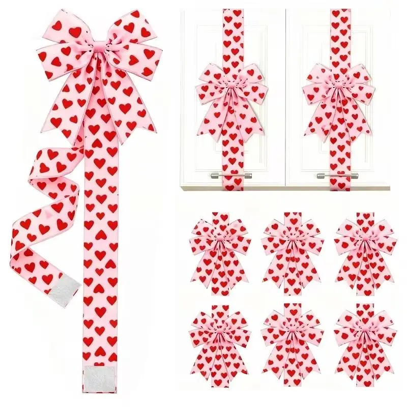 Valentine's Day Pink Heart Large Bow Decoration - 79x2.4 Inches Polyester Fringe Bow for Cabinet Doors  No Batteries Needed, Easy to Install Festive Home Decor