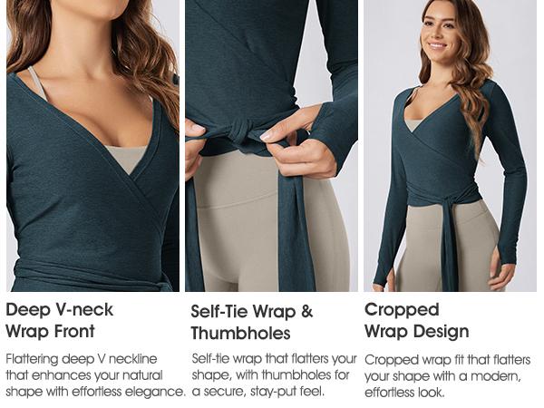 ODODOS Women's Waist Tie Wrap Top - Ultra Soft odSTRATUM Tech, UPF 50+, Long Sleeve, Cropped, Thumbholes, Dry Fit Performance Workout Gym Clothing, Pilates Fitness Sports Top