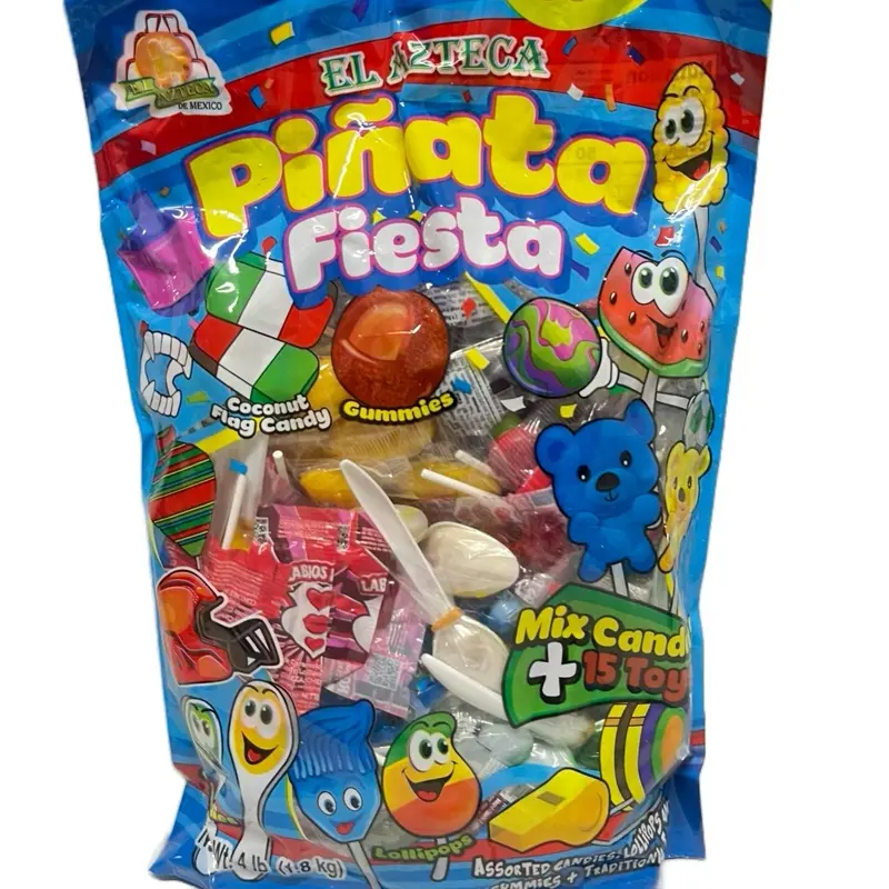 El Azteca Piñata Fiesta Mix & Assorted Candies 4lb - Lollipops Gummies Coconut Flag Candy +15 Toys Sweet Snack