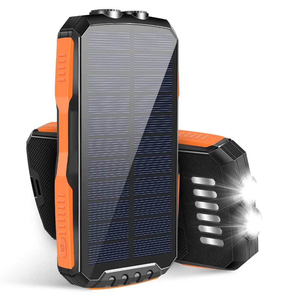 Solar Power Bank 30000mAh, Compact Portable Mobile Charger with Built-in Dual Bright Flashlights, 2 USB-A Ports, Multiple Device Charging, Waterproof Dustproof for Outdoor
