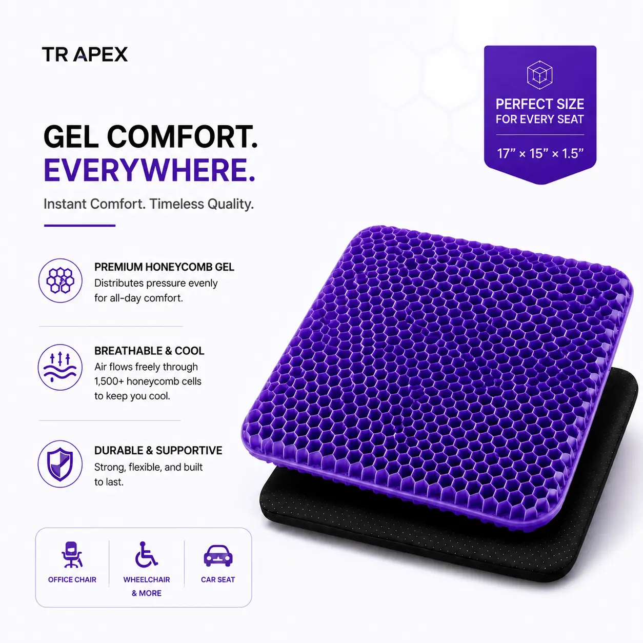 Extra-Thick Purple Gel Seat Cushion with Non-Slip Cover, Large 17x15x1.5 in Honeycomb Breathable Pad for Office Chair, Car, Wheelchair Users (Mother’s Day Gift Idea) pressure relief