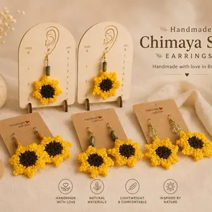 Handmade Sunflower Crochet Dangle Earrings for Women - Boho-Style, Lightweight Female Costume Jewelry, Made in Brazil