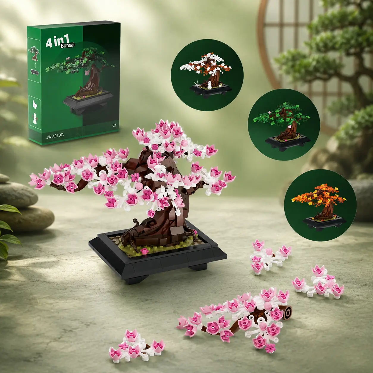 4-in-1 Bonsai Tree Building Blocks Set - BPA-Free 529 Bricks & Parts, Interchangeable 4-Season Leaves, Decorative DIY Kit, Creative Puzzle Gift for All Ages, House Decoration