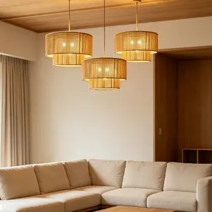 Boho Style Hemp Woven Lampshade, Dual Layer Drum Pendant Light Shade, Fits Most Standard Lamps, Perfect for Boho/beach Home Decor