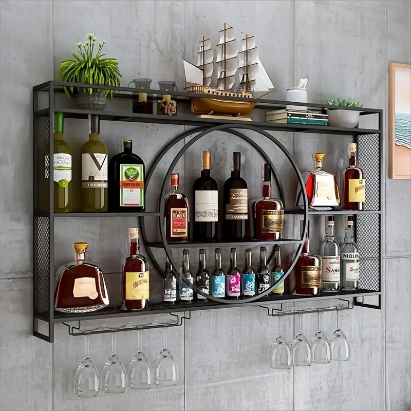 39 Inch Metal Wall Mounted Wine Rack, 3 Tier Bar Shelves with Glass Holder, Large Capacity Modern Liquor Shelves for Home Bar, Dining Room & Kitchen, Black