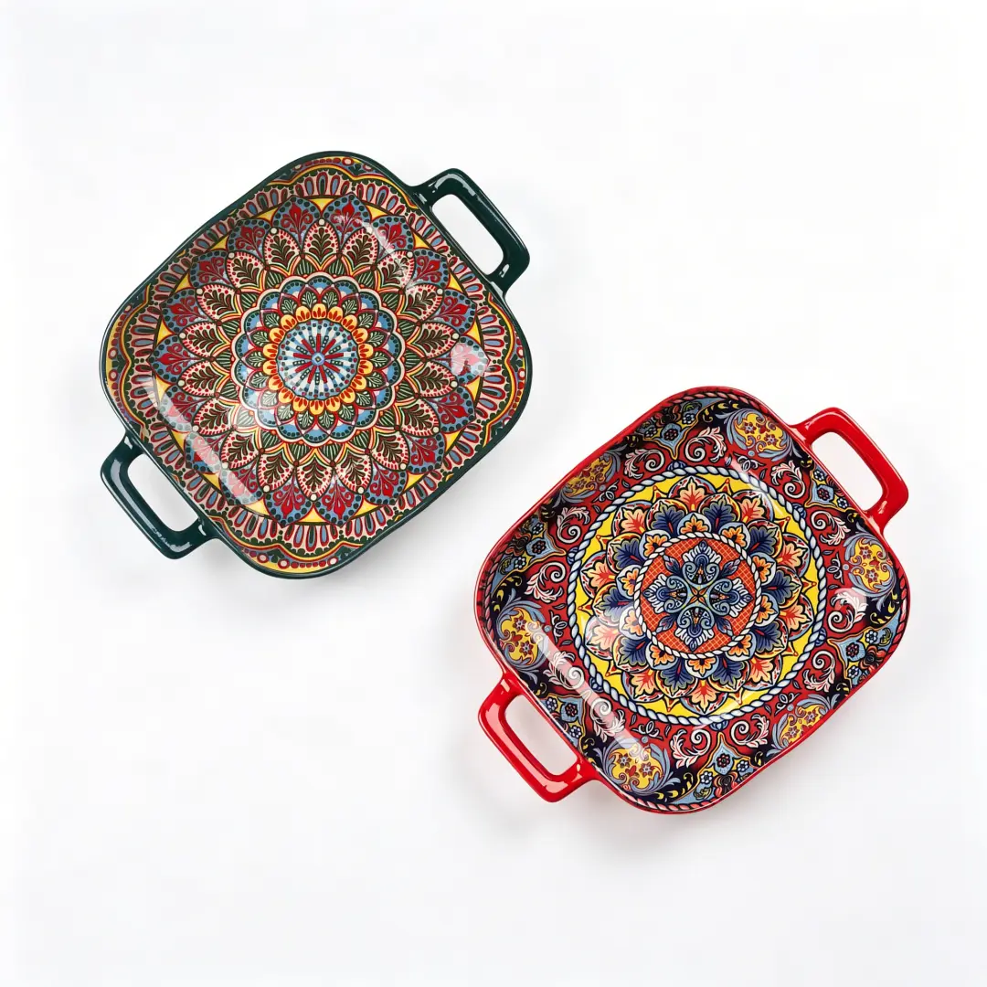 Bohemian-Inspired Floral Ceramic 2-Piece Serving Plates Set with Handles, 9.25x7.28in/23.5x18.5cm, 4.5cm Deep Oven-Safe Square Casserole Dishes for Home Dining, Party Use