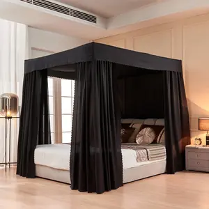 Queen Bed Curtains - Black Lightproof Queen Bed Curtains Four Corner Post Bed Curtains for Adult Boys Girls' Bedroom Decoration (,Black)
