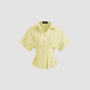 Cider [3 colors, size 2-10] Linen-blend Collar V-neck Pleated Short Sleeve Shirt
