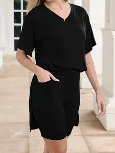 METAONLY Women Plus Size 2 Piece Outfits Short Sleeve Tunic Tops and Skinny Biker Shorts Sets Tracksuits Womenswear Bodycon Split Hem Lounge#springtok