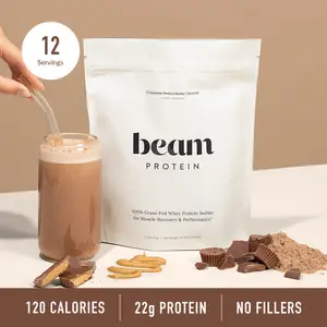 Beam Whey Protein — 12 Servings for Strength & Post-Exercise Recovery (Peanut Butter Flavor, 100% Grass-Fed, Top-Rated)