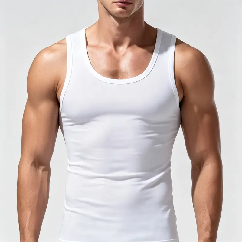 Men's Wide Strap Ribbed 100% Cotton Plain Tank Top - Menswear, High Stretch Breathable Slim-Fitting Medium Length Heavyweight Drapey Fit Gym & Casual Sleeveless Shirt
