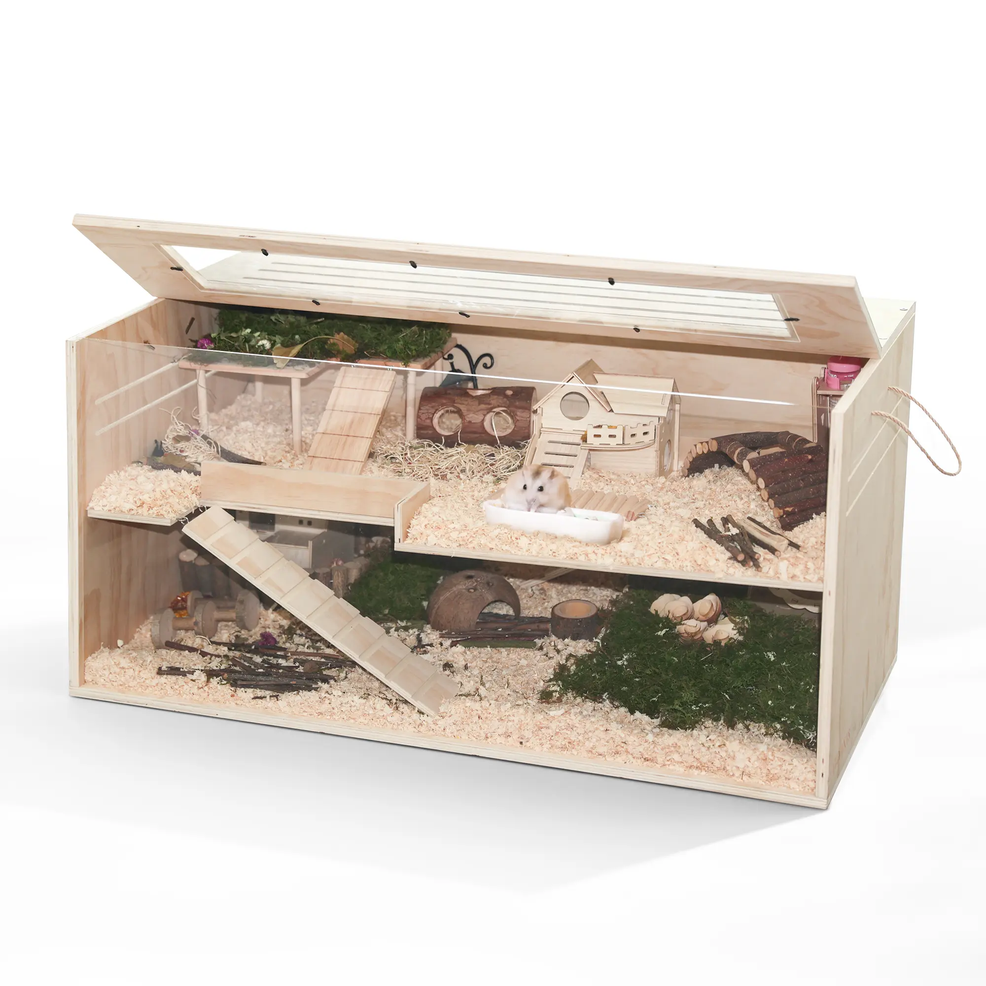 TSYPAIRS 40" Chewproof Wooden Hamster Cage, Large 2-Level Habitat with Openable Top, Ventilation & Clear Acrylic Panels, Multi-Base Options Available