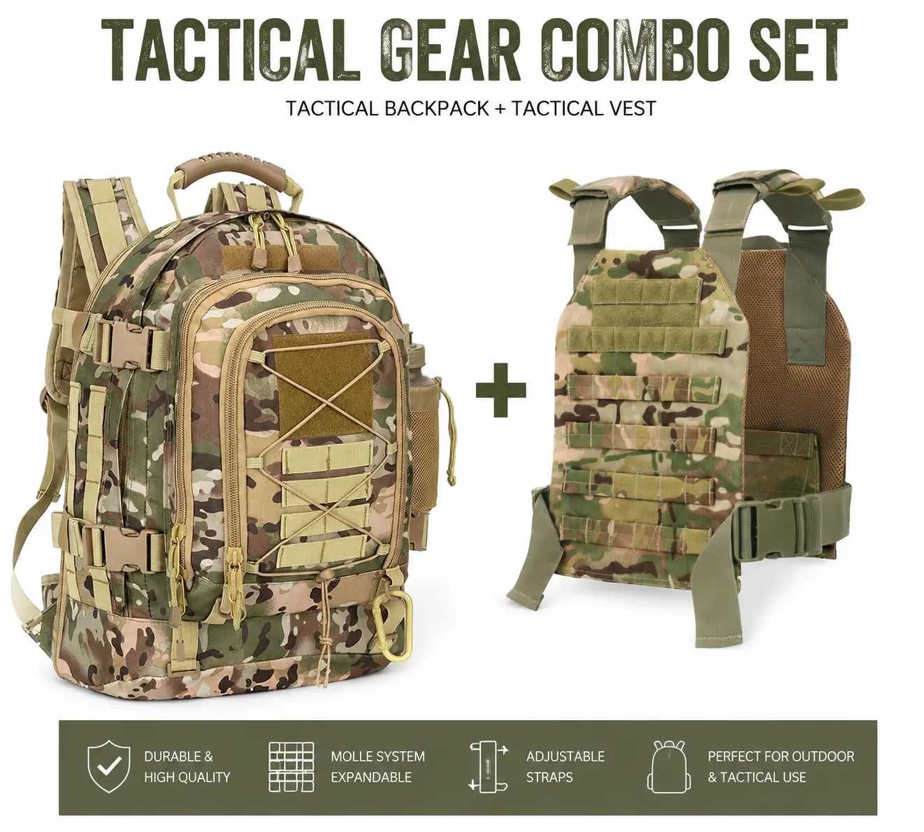 Unisex Weighted Vest and Tactical Backpack Set, Adjustable 600D Nylon Combo with 50LB MOLLE Vest & 39-64L Expandable Pack for Strength Training & Hiking, Outdoor, Molle System, Outdoor Accessories, Nylon Fabric, Quick Release, Comfortable, Versatile
