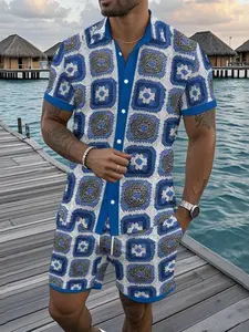 2026 new men's knitted jacquard fabric shirt and shorts set, summer casual short sleeved design, suitable for beach vacations, perfect Bohemian retro style gift, fashionable and casual