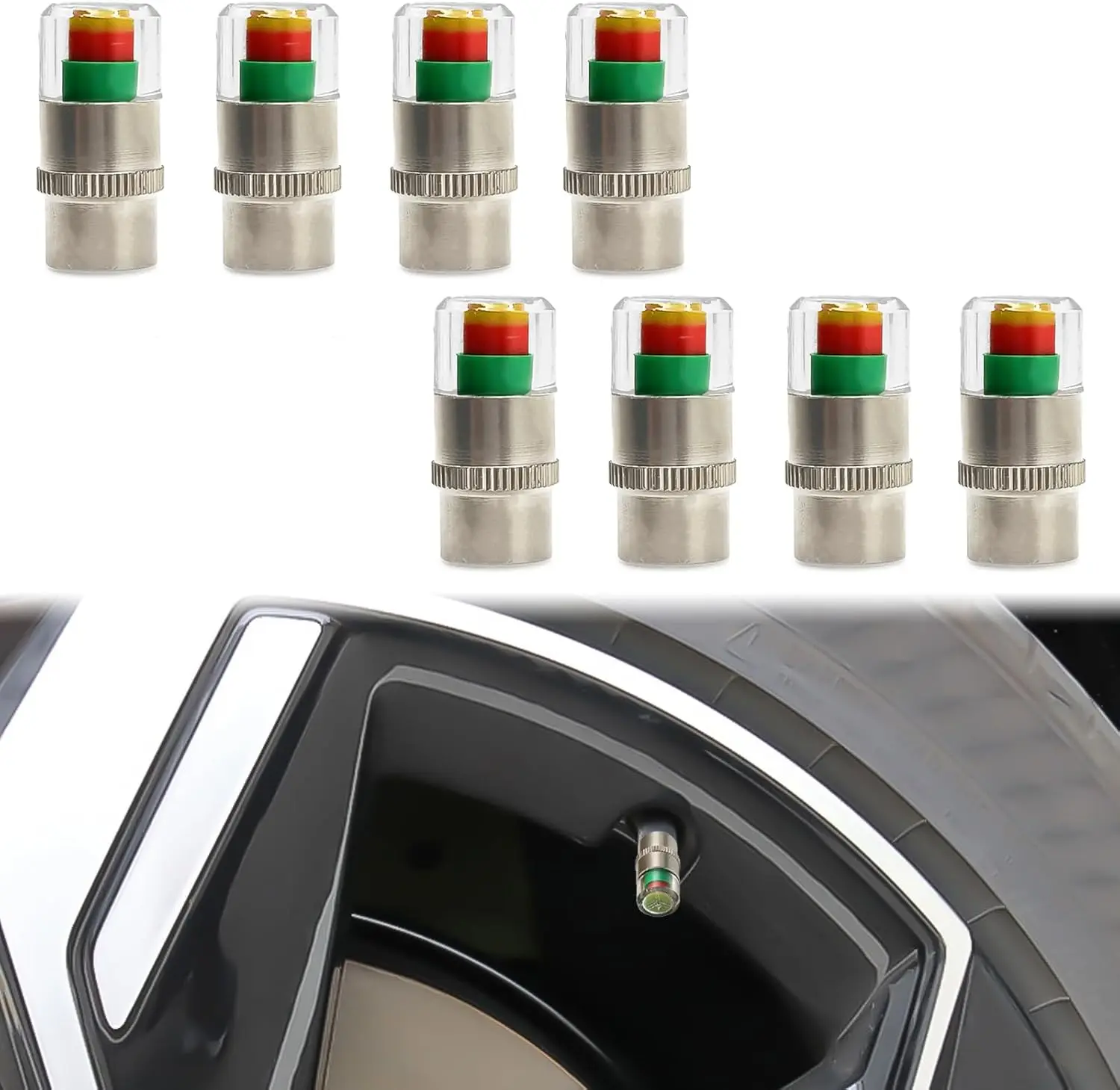 GJANSH 4PCS Universal Car Tire Pressure Monitor Valve Stem Caps Sensor Indicator, 3 Colors Alarm Tire Indicator, Universal Valve Stem Caps for Cars, for SUVs, Trucks
