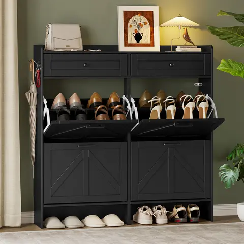 Farmhouse Wide Wood Shoe Storage Cabinet - Sturdy 9.25" Depth Freestanding Entryway Cupboard with 4 Flip Drawers White, 2 Top Drawers, Adjustable Shelves, Hooks, Dust-Safe Hidden Rack, Anti-Tip Wall Lock,familyfun