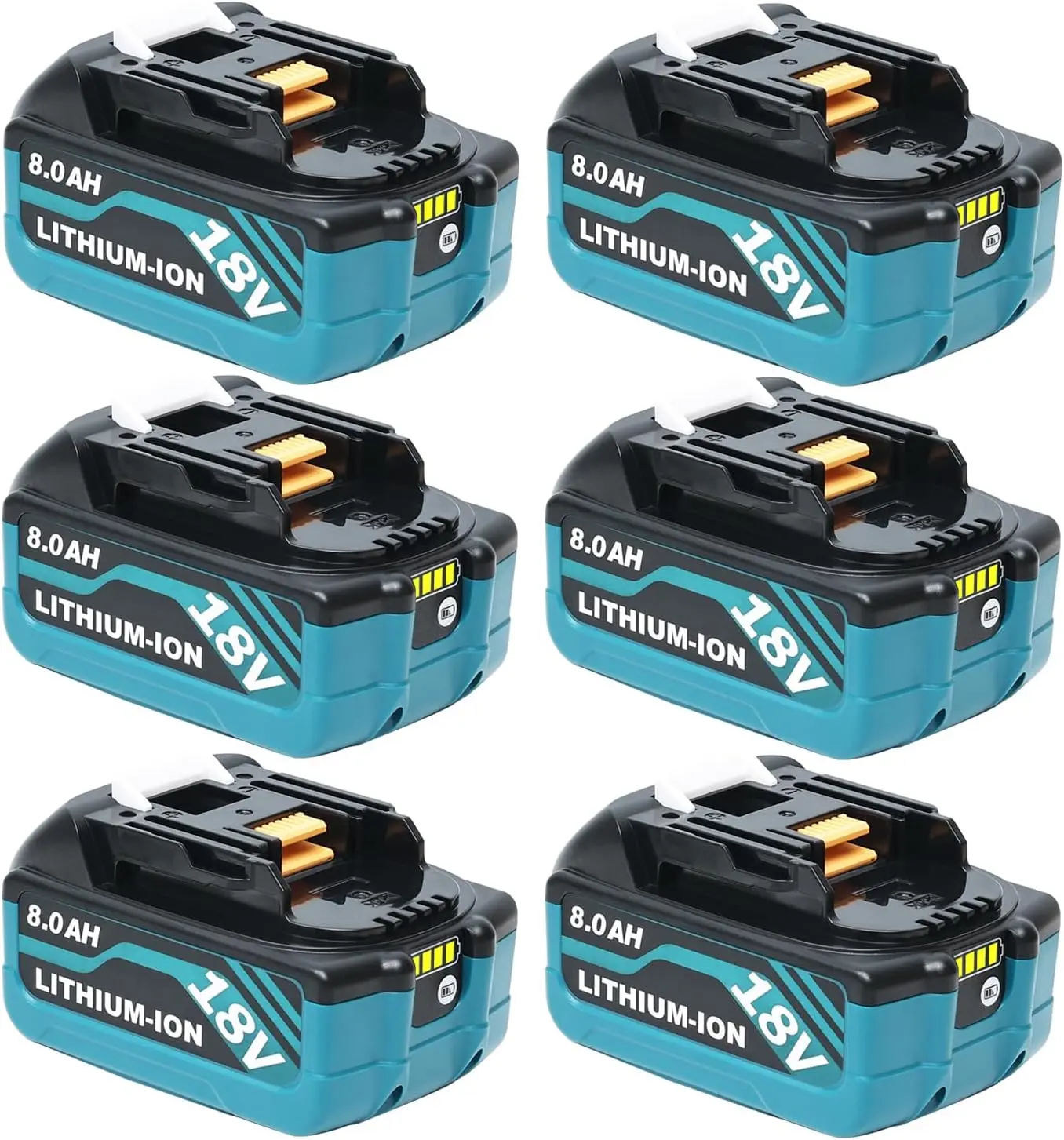 6-Pack 8000mAh 18V Lithium Ion Batteries for Makita Cordless Power Tools, BL1860B Replacement Cells, Compatible with BL1830B BL1850B 1840B BL1815B, High Capacity, Built-In Safety, Durable