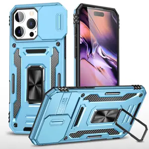 Military Grade Anti-Drop Protective iPhone 17 Pro Max Case, Lens Pop Window Ring Stand Holder, Full Coverage Non-Slip Car Magnetic Light Blue Accessories