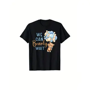 We Can Bearly Wait Gender Neutral Baby Shower T-Shirt - 180g 100% Cotton Casual Round Neck Short Sleeve Tee with Cute Teddy Bear & Clouds Graphic, New Year Gifts for Men, t shirt graphic tee 90s graphic tees t shirt for men men's t shirts
