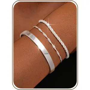 CASSIECA 3Pcs Silver Adjustable Stackable Bracelets Set for Women - Layered Chain Bangles with Gift Box, Ideal for Daily Wear to Achieve a Layered Look SummerVibes