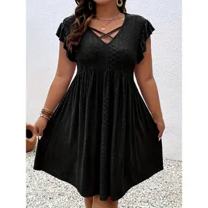 Plus Size Jacquard Cross Front Dress - Casual Eyelet Ruffle Sleeve - For Women - Suitable for Weddings, Graduations, Engagements & Parties - Perfect Gift for Women