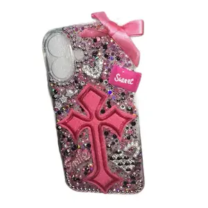 Sweet Pink Cross Junk Case with Sparkling Design and Ribbon Accent