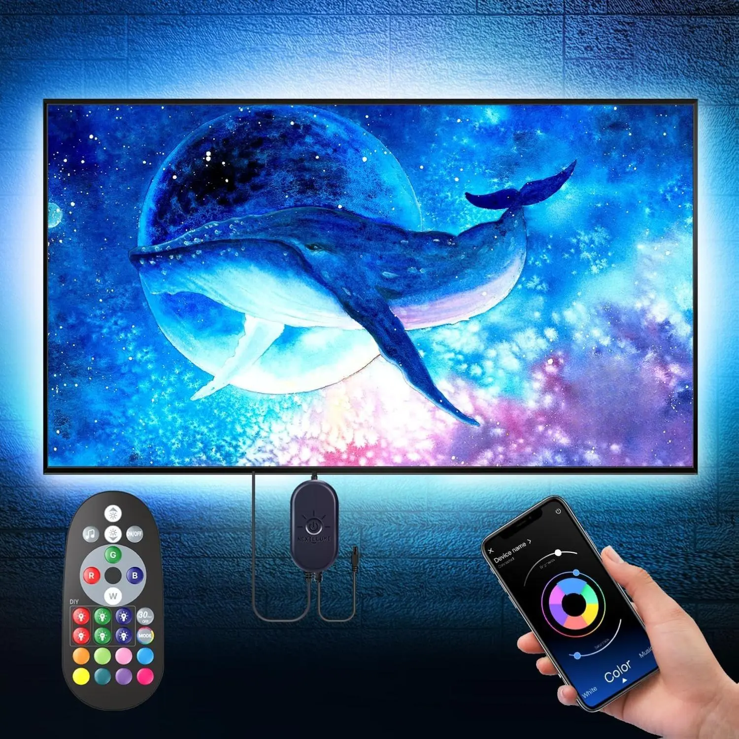 16.4 ft RGB TV Backlight, Adjustable Brightness LED Strip with APP Remote Control, Vibrant RGB Lighting, Music Sync Smart Ambient Lighting for 55-75 Inch TVs, Bedroom & Gaming Room Decor, US Version
