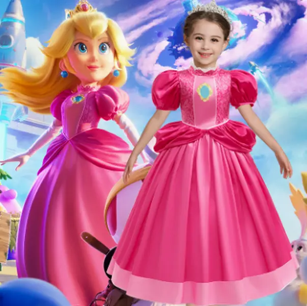 Girls Princess Peach Cosplay Dress, Super Mario Inspired Kids Pink Costume, Puff Sleeve Satin Princess Gown, Children Halloween Fancy Dress for Party Stage Performanc