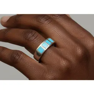 Vintage Sterling Silver Four-Stone Turquoise Inlay Band - Handcrafted Rectangular Turquoise Channel Inlay Silver Ring Size 5