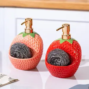 Cute Strawberry Liquid Soap Dispenser Bottle with Storage Slot, Press Type Ceramic Hand Wash Pump for Kitchen Bathroom Use, Soap Container