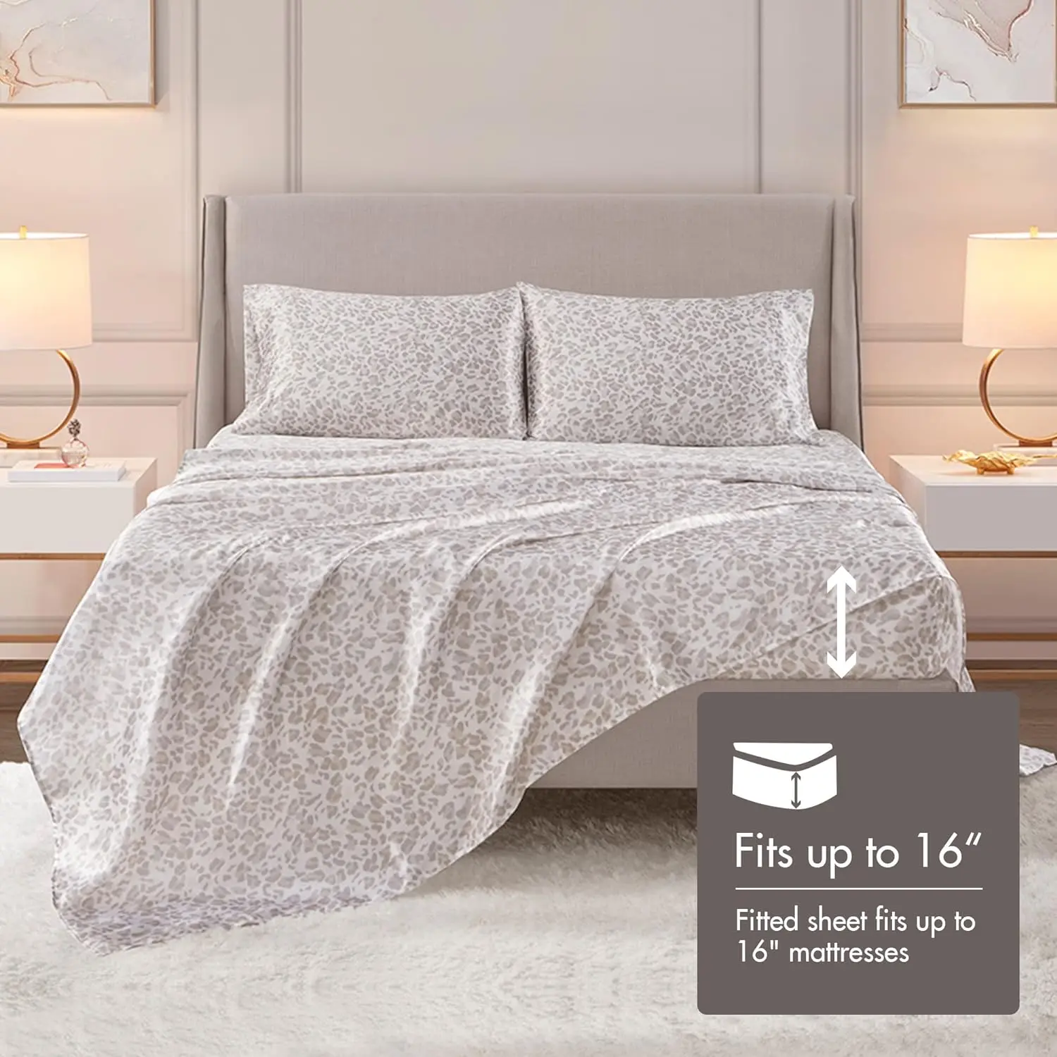 Madison Park 4 Piece Leopard Printed Satin Sheet Set (1*Flat Sheet + 1* Fitted Sheet + 2*Pillowcases), Luxury And Silky With Natural Sheen, Elastic 14" Pocket Fits Up To 16" Mattress, All Around Elastic - Year-Round Bedding