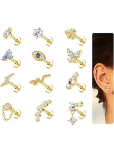 12Pcs 16G Cartilage Earrings Stud for Women Surgical Steel Top Screw Flat Back Earrings Ear Studs Bee Butterfly Snake Evil Eye CZ Cartilage Earrings Tragus Helix Piercing Jewelry Earring Stacking Set