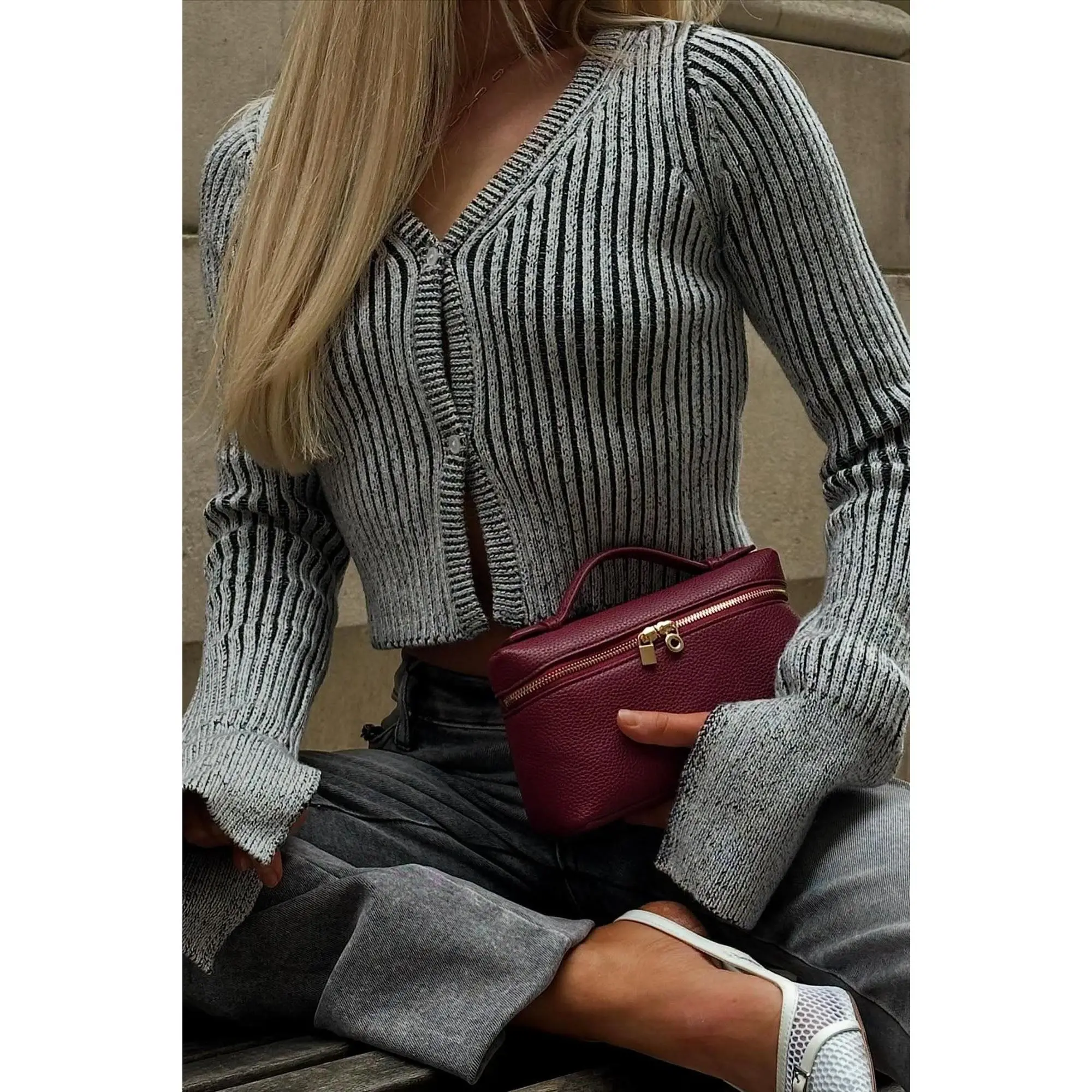 Takin' Hints Marled Cropped Cardigan - Grey/combo