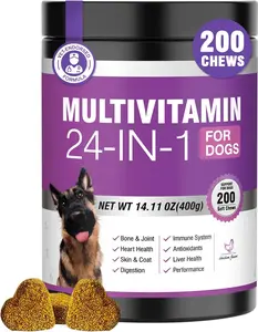 Dog Multivitamin Chewable Supplement with Glucosamine Chondroitin Probiotics Omega 3 for Joint Support Skin Coat Heart Gut Liver Brain Eye Immune Health Daily Vitamins for Puppies Adult Senior Dogs