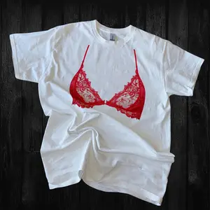 Red Bralette Graphic T-Shirt – Funny and Sassy Lingerie Design, Edgy Lace Crewneck Tee, Fashionable Gift for Best Friends