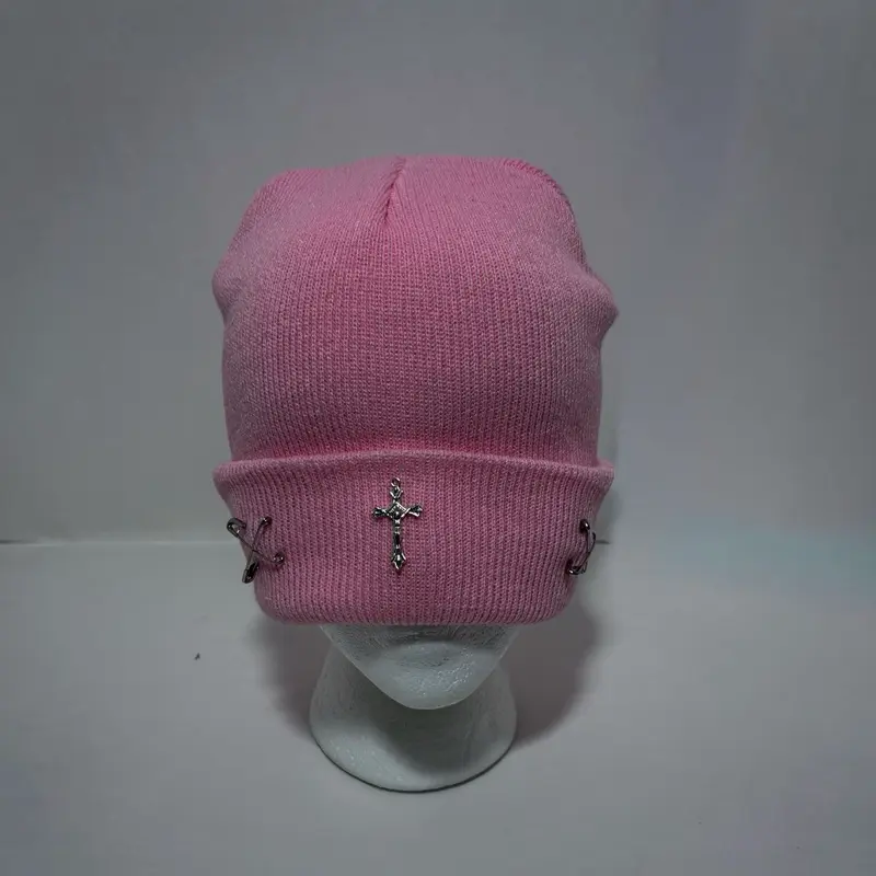 Pink Cross Beanie with Unique Design and Cross Detailing