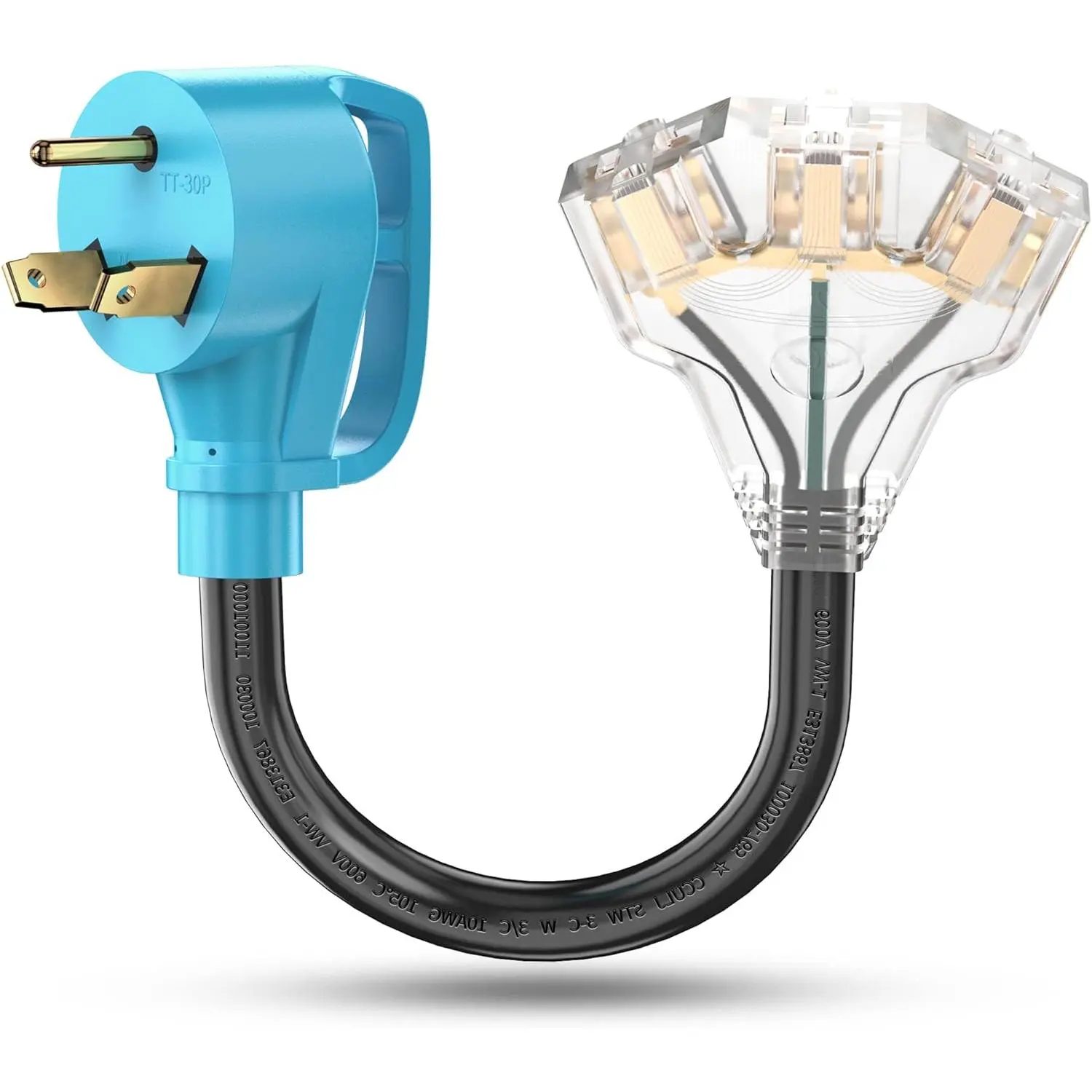 30A 110V RV/Generator Distribution Adapter Cord Cable - NEMA TT-30P Male Plug-In Type to 3X 5-15R/5-20R T-Blade Female, LED Power Indicator, 3750W, for RV Users