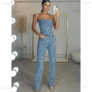 2026Diamond Vest Jeans Set For Women Sleveless Tube Tops High Waist Pocket Denim Pants Suit Female 2026 Spring Summer Lady Bodysuit