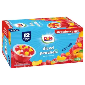 Peach-Infused Strawberry-Flavored Gel Snack Fruit Bowls, 12 Packs (12 Individual 4.3oz Cups Total), Halal Certified, Gluten-Free, Dairy-Free, Ambient Shelf-Stable Bulk Kids' Lunch Snacks