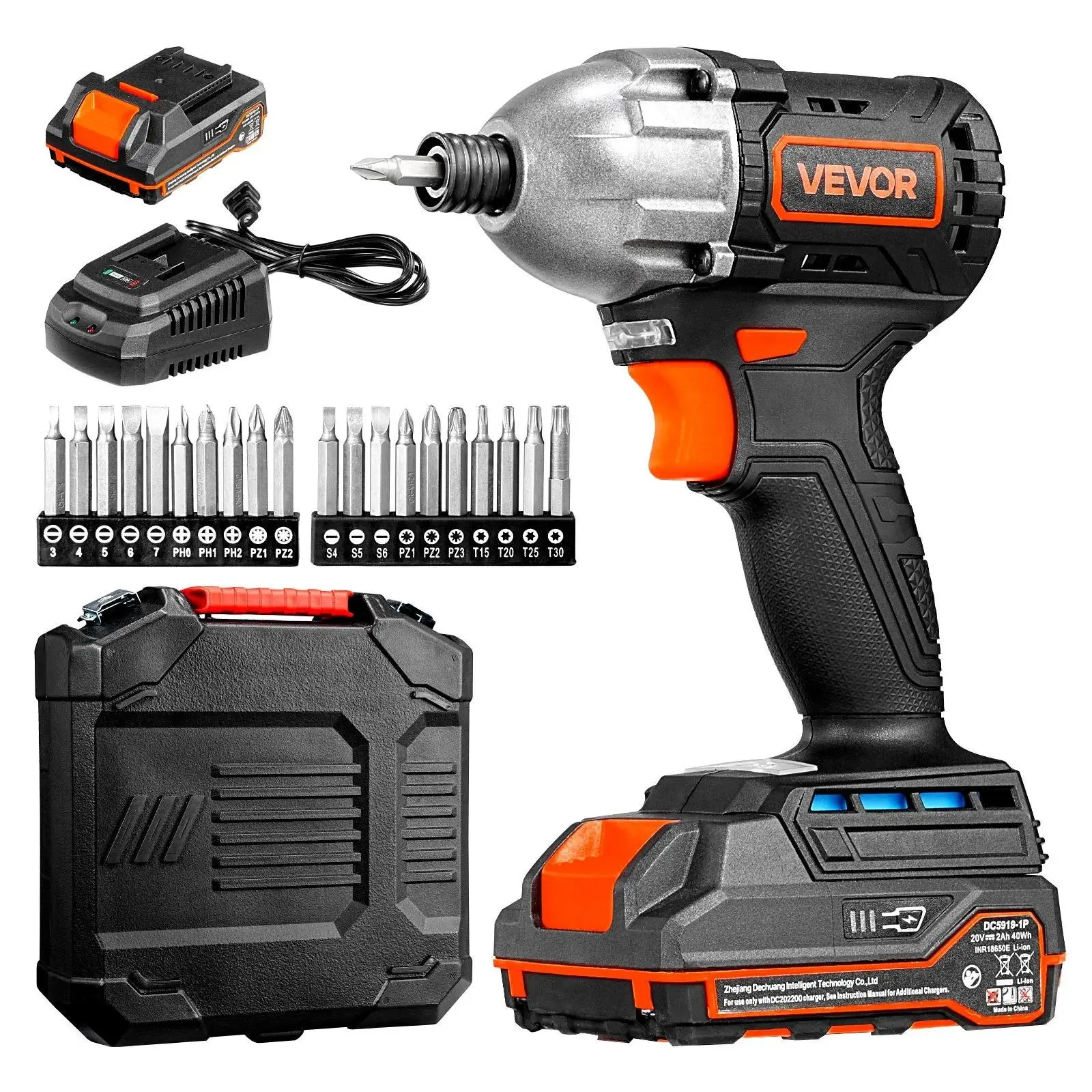 【BackToSchool】VEVOR 20V Compact Cordless Brushless Drill-Driver Tool Kit, 1/4 inch Chuck, 2800 RPM Max Speed, Dual Batteries, Charger, 20 Bits, LED Lights, Low Energy Consumption, Durability, for Furniture Assembly, Home Repairs