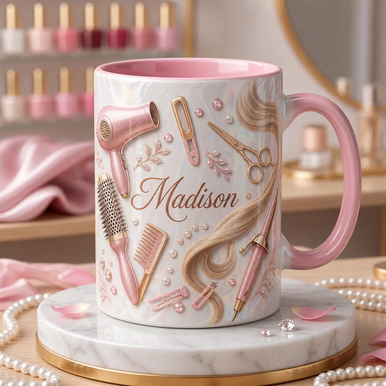 Custom Hair Stylist Name Mug, 2D Printed 3D Effect Ceramic Coffee Cup, Pink Salon Tools Brush Scissors Curling Wand Design, Personalized Gift for Hairstylists, Beauticians, Birthday Christmas Gift