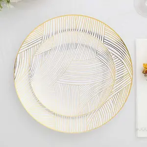10-Pack Plastic 7" Round Dessert Plates in White with Gold Wave Brush Strokes Pattern - Disposable Appetizer Salad Plates for Modern & Classy Table Decor