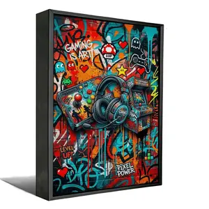 Retro Arcade Gaming Canvas Wall Art - Graffiti Brick Background Poster with Headset & Controller, Cyberpunk Gamer Den Decor with Optional  Frame, Gift for Streamerscor Gift for Gamers