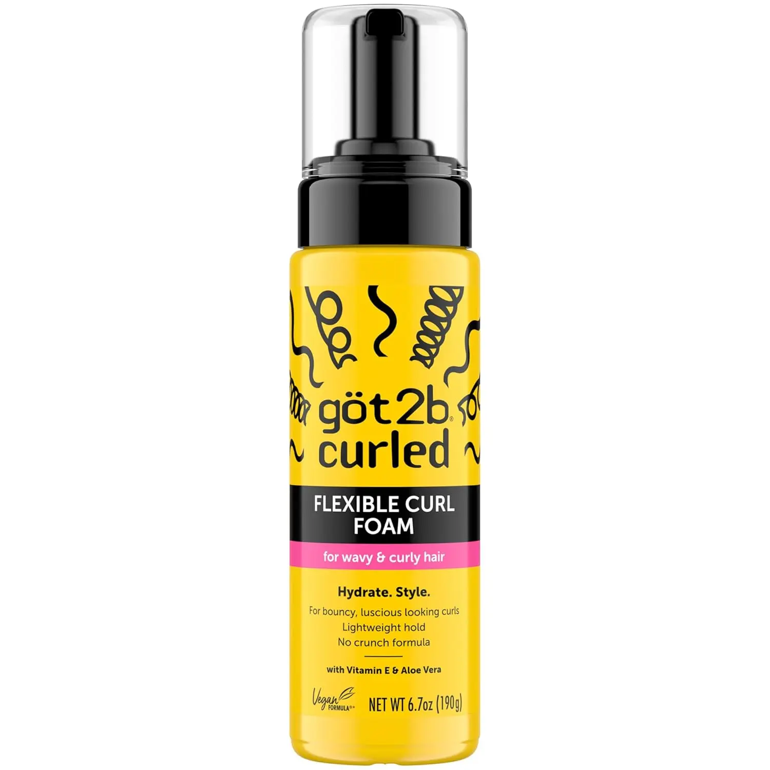 Got2B Curled Flexible Foam Hair Mousse, 6.7 Fl Oz Vegan Cruelty-Free Gentle Haircare with Aloe Vera & Vitamin E, Frizz Control, Heat Protection, Lightweight Hold, No-Crunch Defined Bouncy Curly Locks, Curl/Wave Styling Support, Wavy, Aqua (Water, Eau), Pe