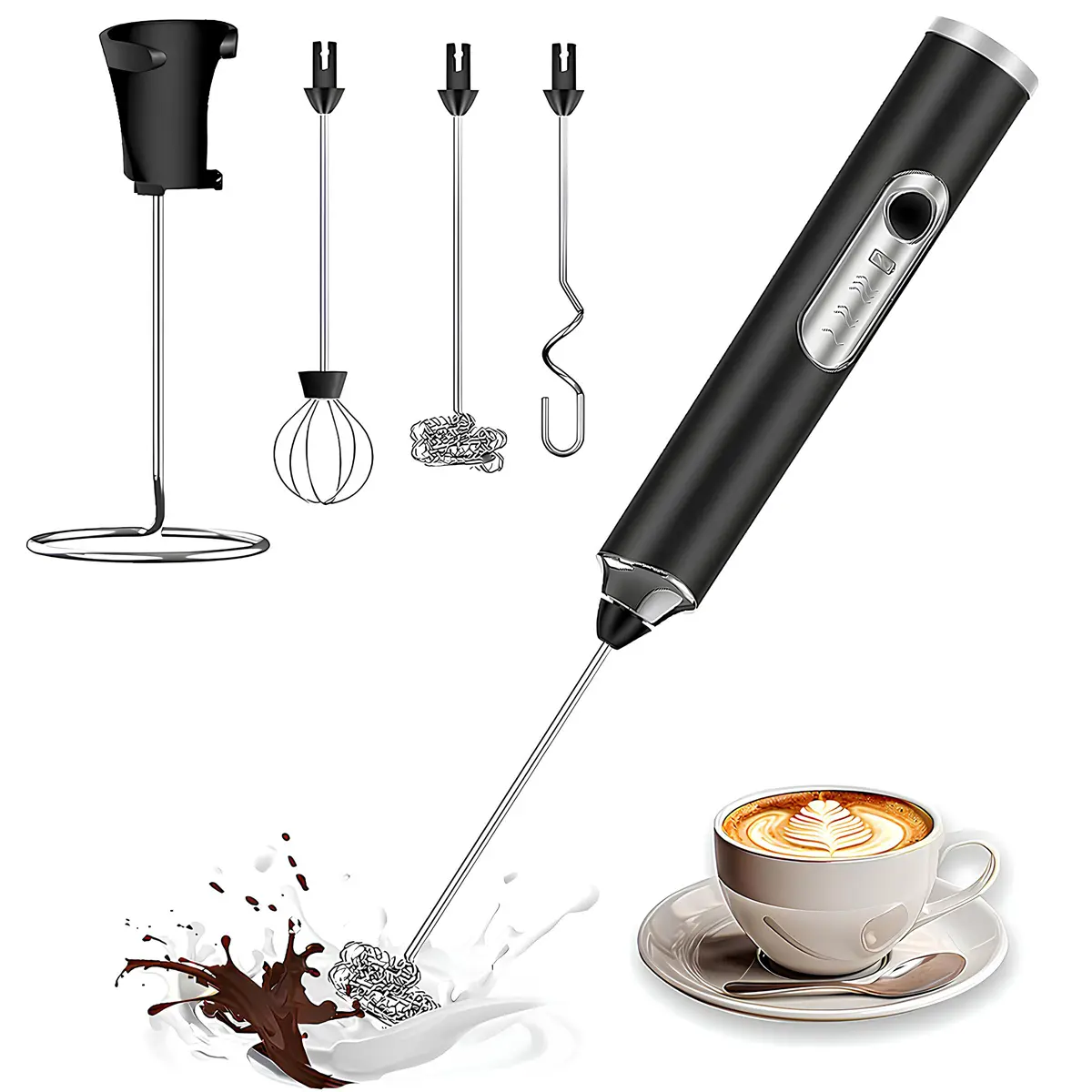 3-Heads USB Rechargeable Milk Frother Wand - Button Operated Coffee Stirrer, 3-Speed Adjustable Electric Whisk, Built-In Milk Frother with Ergonomic Handle for Easy Grip, Detachable for Coffee, Lattes, Egg