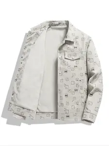 Men's All Over Cartoon Face Print Button Front Jacket, Loose Casual Long Sleeve Pocket Collared Outerwear Tops for Fall & Winter, Men's Clothes for Daily Wear